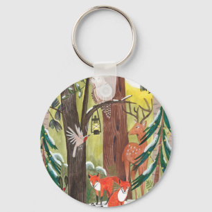 Green forest with woodland animals  keychain