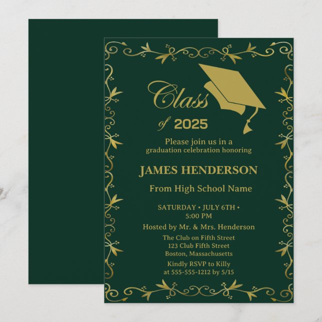 Green Formal Gold College Graduation Party 2025 Invitation (Front/Back)