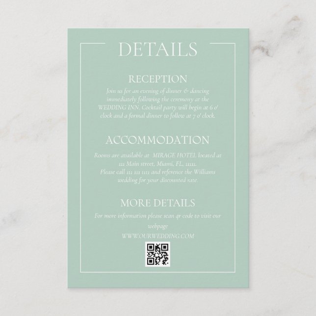Green Formal Wedding Details Enclosure Card (Front)