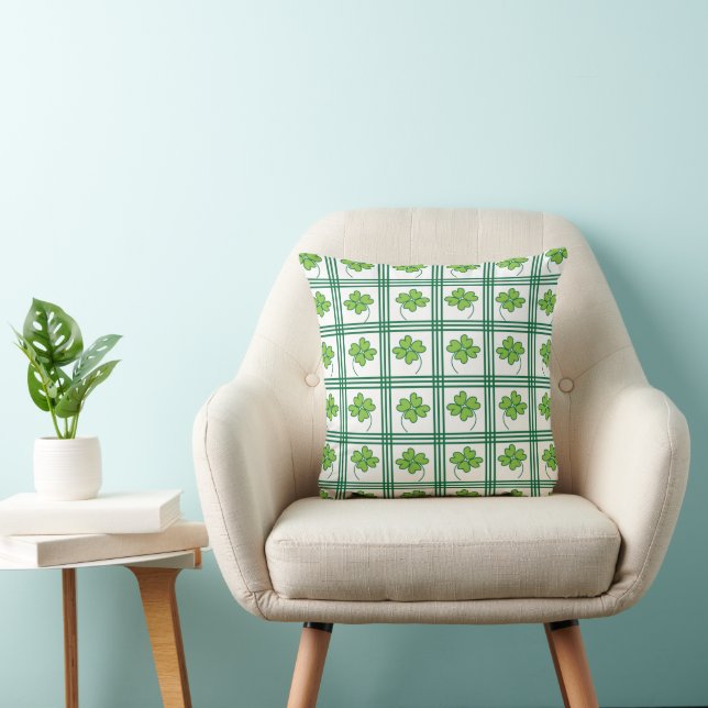Green Four Leaf Clover Chequered Pattern Throw Pillow (Chair)