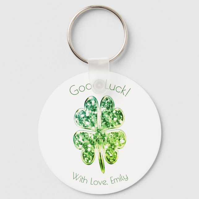 Green Four Leaf Clover Custom Text Good Luck Keychain (Front)