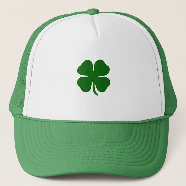 Green Four Leaf Clover Lucky Irish Trucker Hat (Front)