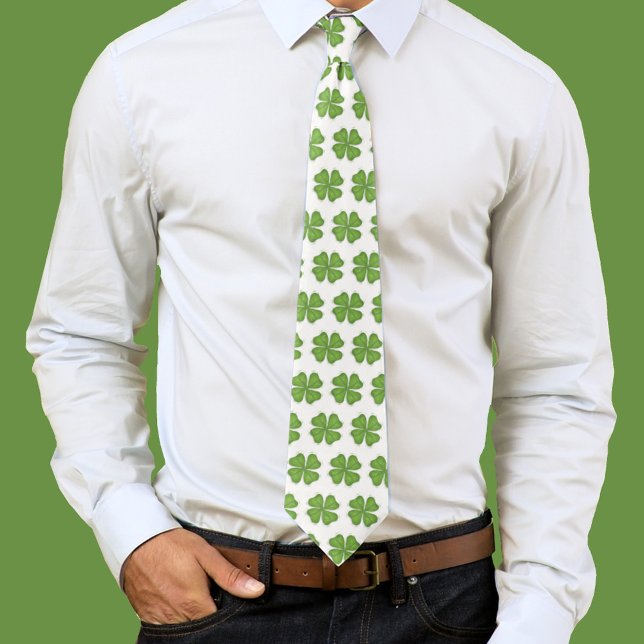 Green Four Leaf Clover Shamrock Pattern Tie (Four leaf clover pattern green and white mens tie. )