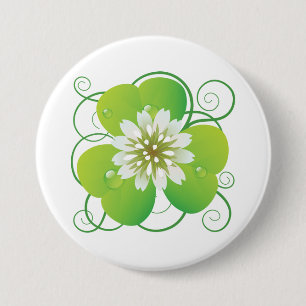 Green Four Leaf Clover with White Floral Bloom 3 Inch Round Button