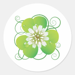 Green Four Leaf Clover with White Floral Bloom Classic Round Sticker