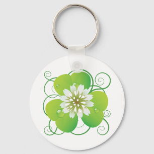 Green Four Leaf Clover with White Floral Bloom Keychain