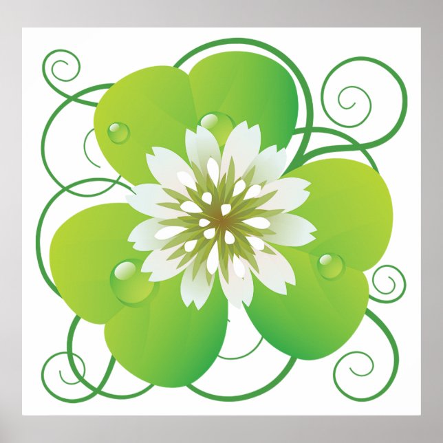 Green Four Leaf Clover with White Floral Bloom Poster (Front)