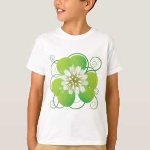 Green Four Leaf Clover with White Floral Bloom T-Shirt