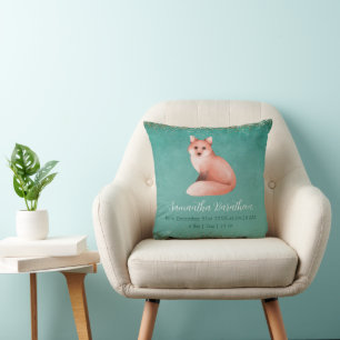 Green Fox Personalized Baby Birth Stats Nursery Throw Pillow