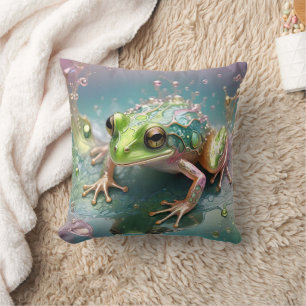 Green Fractal Art Frog, Throw Pillow