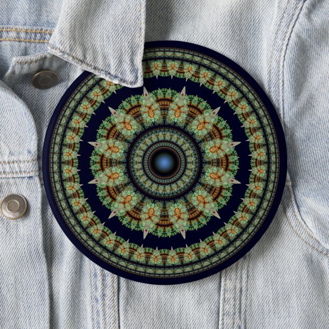 Green fractal fairy mandala 6 inch round button (In Situ)