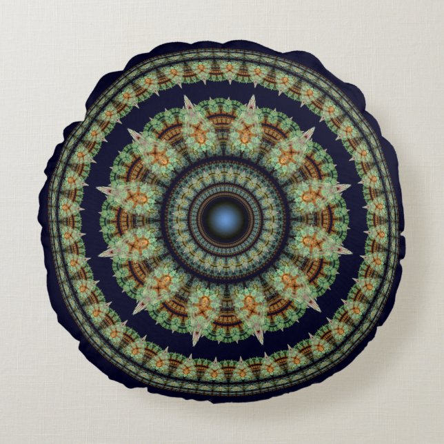 Green fractal fairy mandala round pillow (Front)