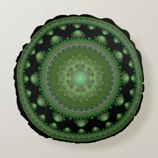 Green fractal ornate pattern round pillow (Front)