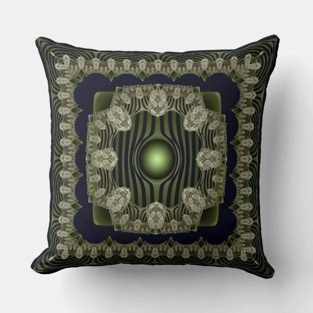 Green fractal ornate pattern throw pillow (Front)