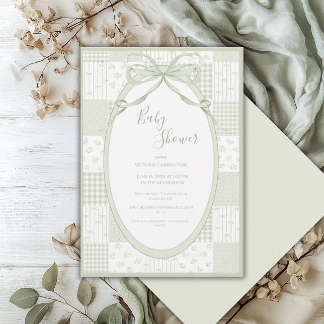 Green Frame Elegant Bow Baby Shower Invitation (Creator Uploaded)
