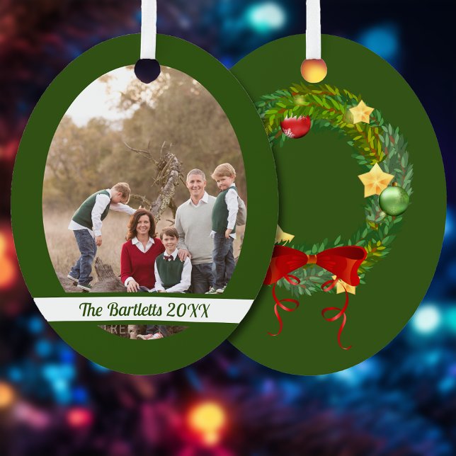 Green Frame Family Photo Metal Ornament (Your photo and text on the front, a wreath on the back.)