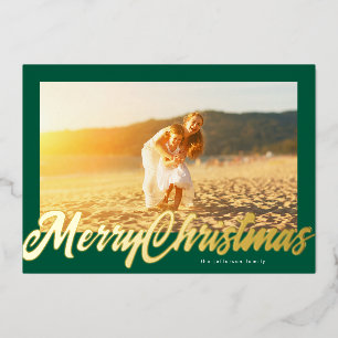 Green Frame & Gold Merry Christmas Photo Foil Holiday Card