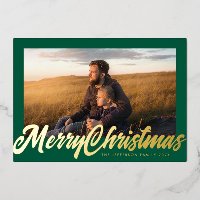 Green Frame & Gold Merry Christmas Photo Foil Holiday Card (Front)
