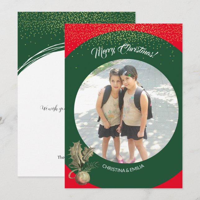 Green Frame One Photo Merry Christmas Holiday Card (Front/Back)