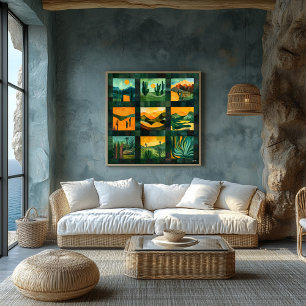 Green Framed Desert Art Grid – Vibrant Geometric Poster