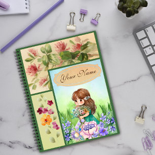 Green Framed Spring Scenery Cute Flowery Girl Notebook