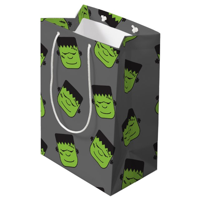 Green Frankenstein heads pattern Halloween Medium Gift Bag (Back Angled)
