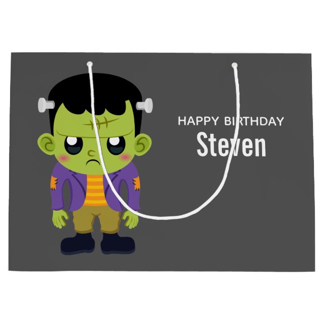 Green Frankenstein Monster Halloween Birthday Large Gift Bag (Front)