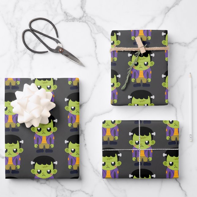 Green Frankenstein Monster Halloween Pattern Wrapping Paper Sheet (Front)