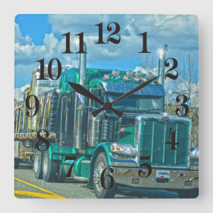 Green Freight Truck - Lorry and Highway Art Square Wall Clock