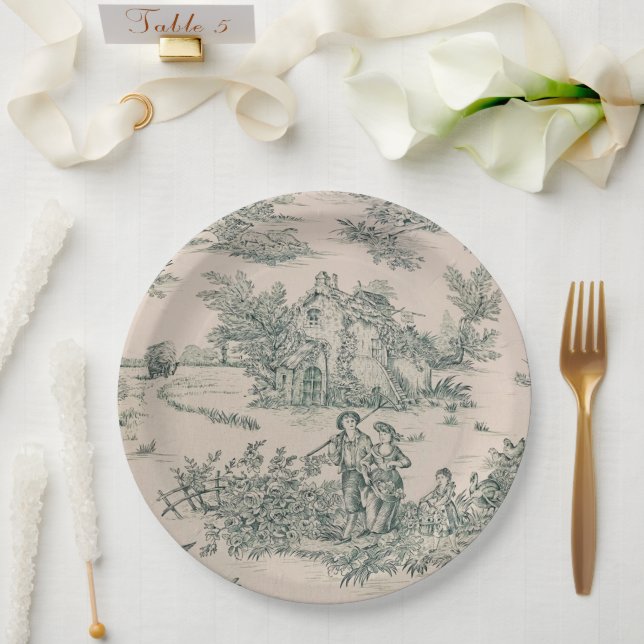 Green French Toile Canvas Paper Plates  (Wedding)