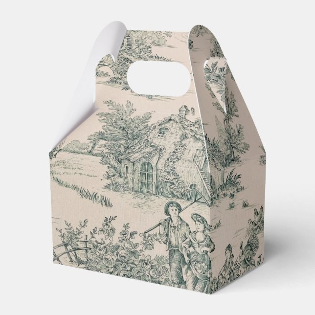 Green French Toile Country Canvas Party Favour Box (Front Side)