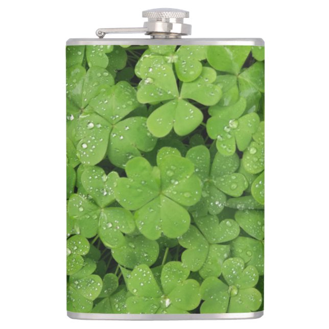 Green fresh shamrock, lucky St. Patricks clover  Hip Flask (Front)