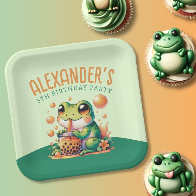 Green Frog and Orange Boba Bubble Tea Party Paper Plate (Creator Uploaded)