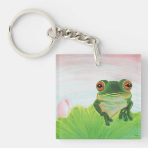 Green Frog behind the lily pad keychain