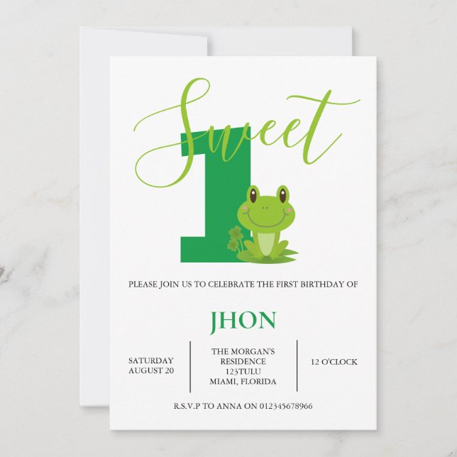 Green Frog Birthday Party Invitation (Front)