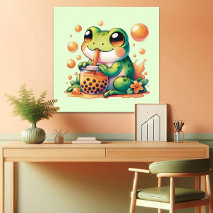 Green Frog Drinking Orange Boba Bubble Tea Poster