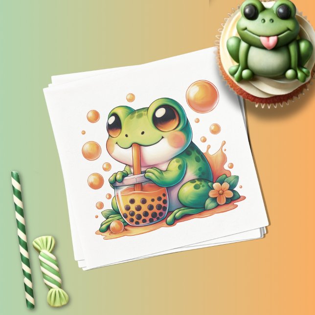 Green Frog Drinking Orange Boba  Napkin (Creator Uploaded)