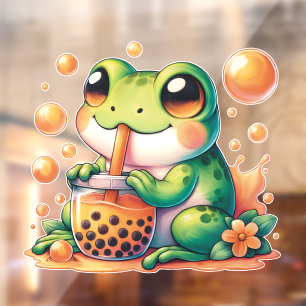 Green Frog Drinking Orange Boba Window Cling