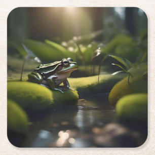 Green Frog Forest Life, Square Paper Coaster