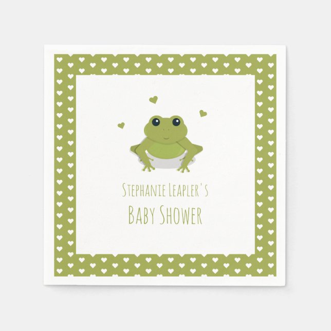 Green Frog Hearts Name Baby Shower Napkin (Front)
