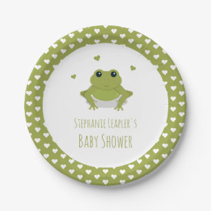 Green Frog Hearts Name Baby Shower Paper Plate
