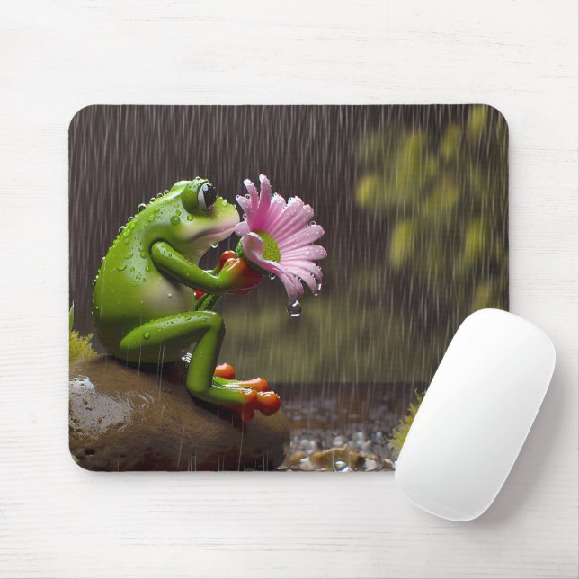 Green Frog Holding a Pink Daisy Mouse Pad (With Mouse)