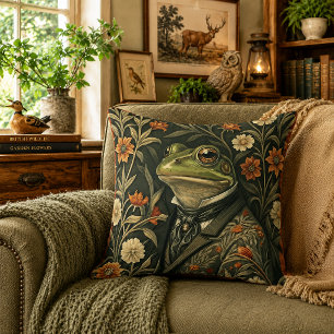 Green Frog in Victorian Gentleman's Clothing Throw Pillow