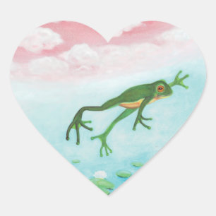 Green Frog Jumps Into The Pond Illustration  Heart Sticker