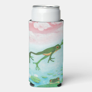 Green Frog Jumps Into The Pond Illustration Seltzer Can Cooler