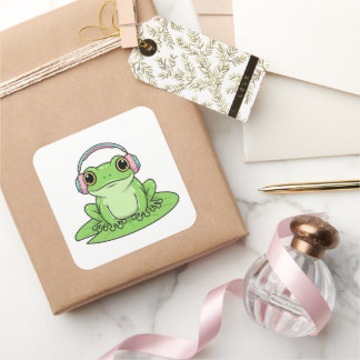 Green Frog Listening Music – Pastel Vibe Square Sticker