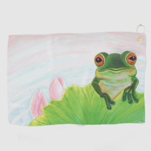 Green Frog Relaxing in the pond  Golf Towel