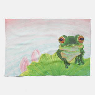 Green Frog Relaxing in the pond Kitchen Towel