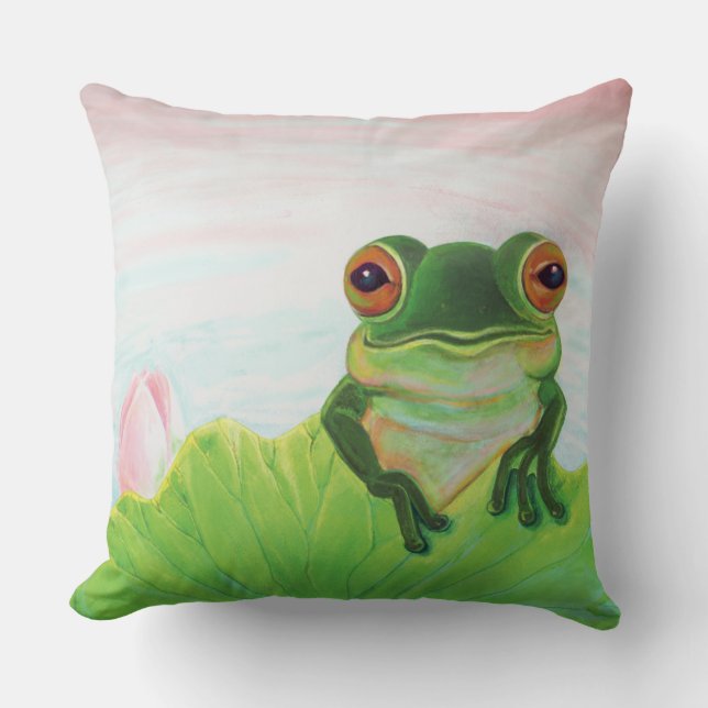 Green Frog Relaxing in the pond  Throw Pillow (Front)