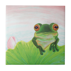 Green Frog Relaxing on the safety of the lily pad Tile